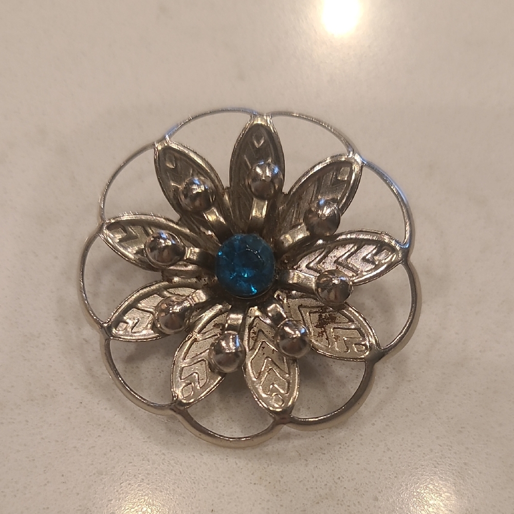 Vintage Silver Floral Brooch with Blue Gem
